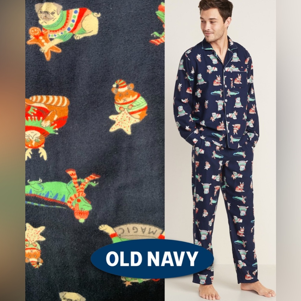 Old Navy Men’s Cozy Critter Christmas Flannel Family Pajama Set L